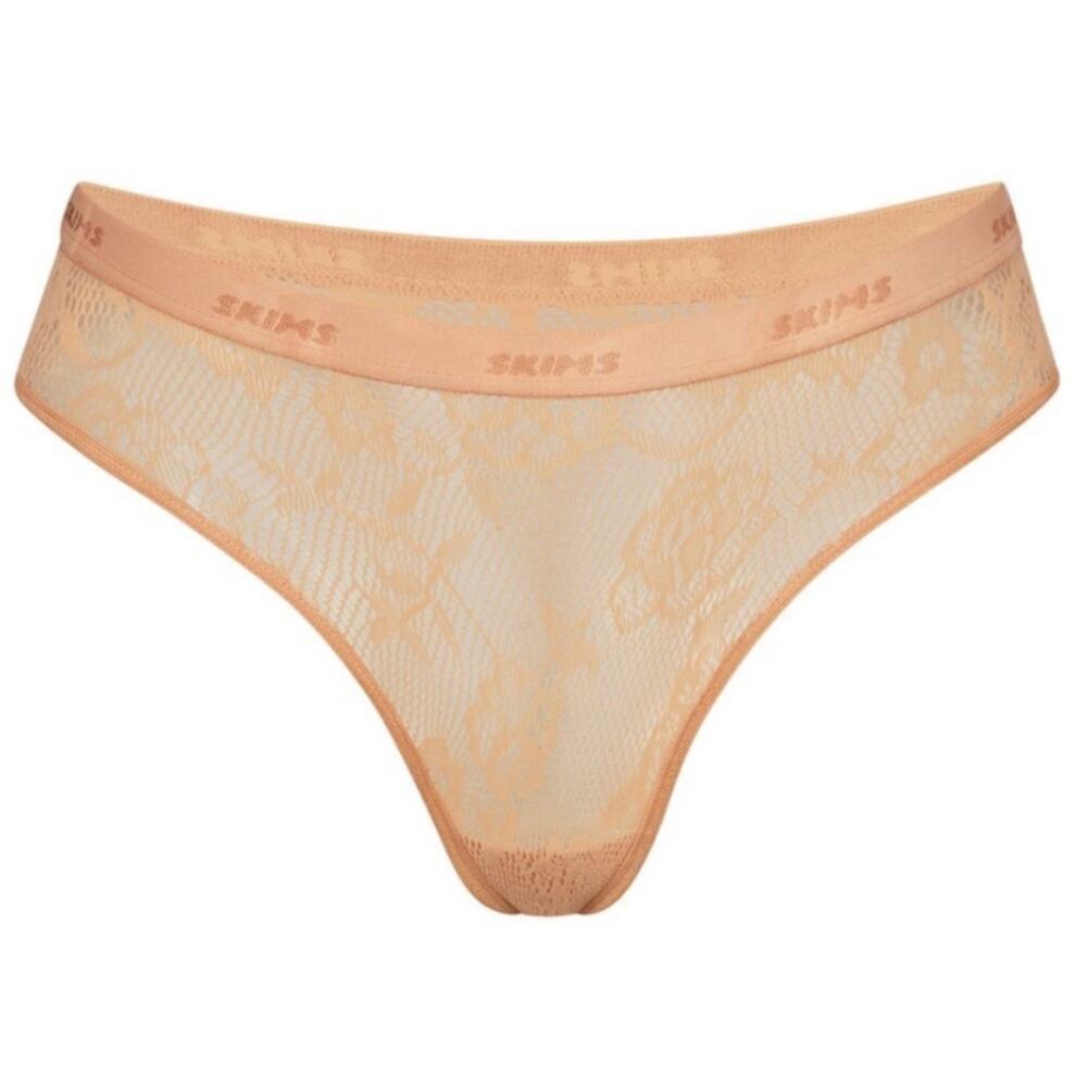 Skims Knit Lace Dipped Thong in Orche 4X Lingerie Sheer No Show